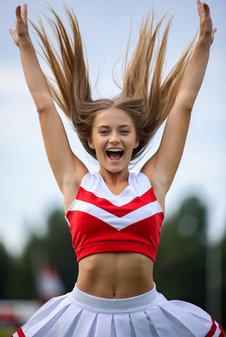 Cheerleader celebrating in bright sunlight Cheerleader celebrating in bright sunlight