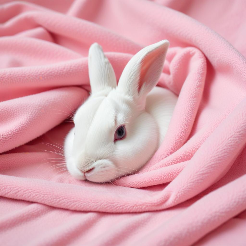 White rabbit resting on pink blanket White rabbit resting on pink blanket