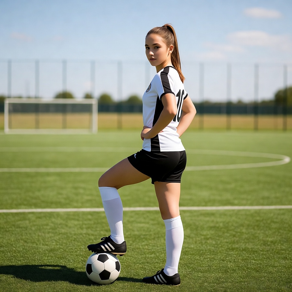 Young woman poses with soccer ball Young woman poses with soccer ball