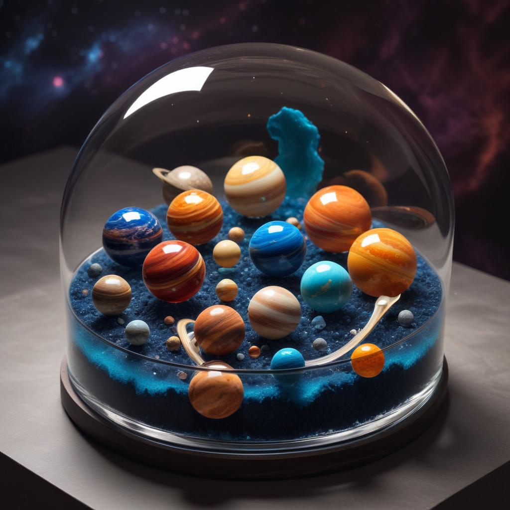 Fantasy solar system display in glass dome Fantasy solar system display in glass dome