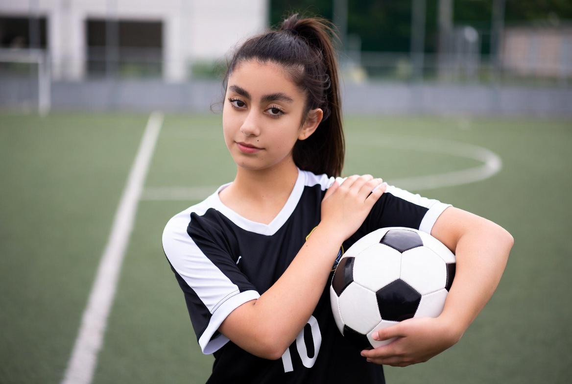 Young athlete holding soccer ball on field Young athlete holding soccer ball on field