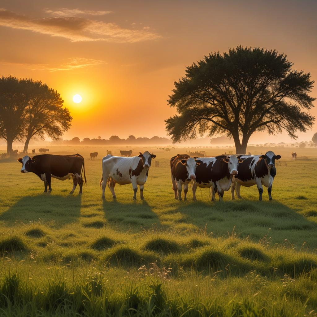 Cows grazing at sunrise in meadow Cows grazing at sunrise in meadow