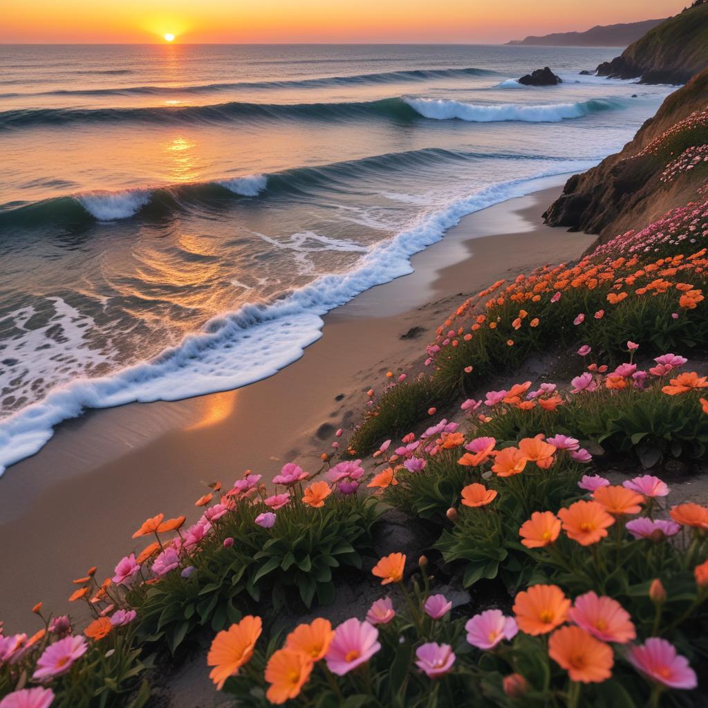 Sunset over flower-covered beach Sunset over flower-covered beach