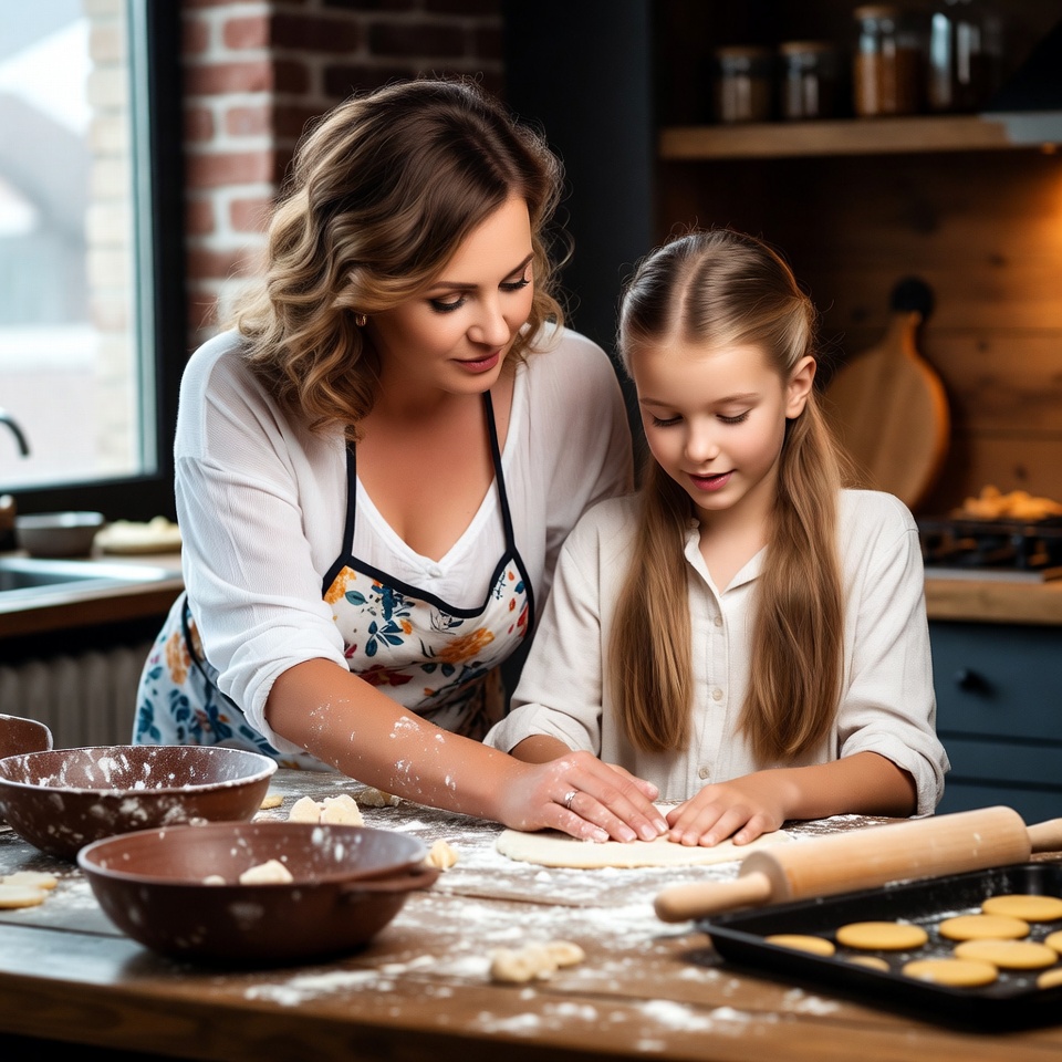 Baking cookies with mom in cozy kitchen Baking cookies with mom in cozy kitchen