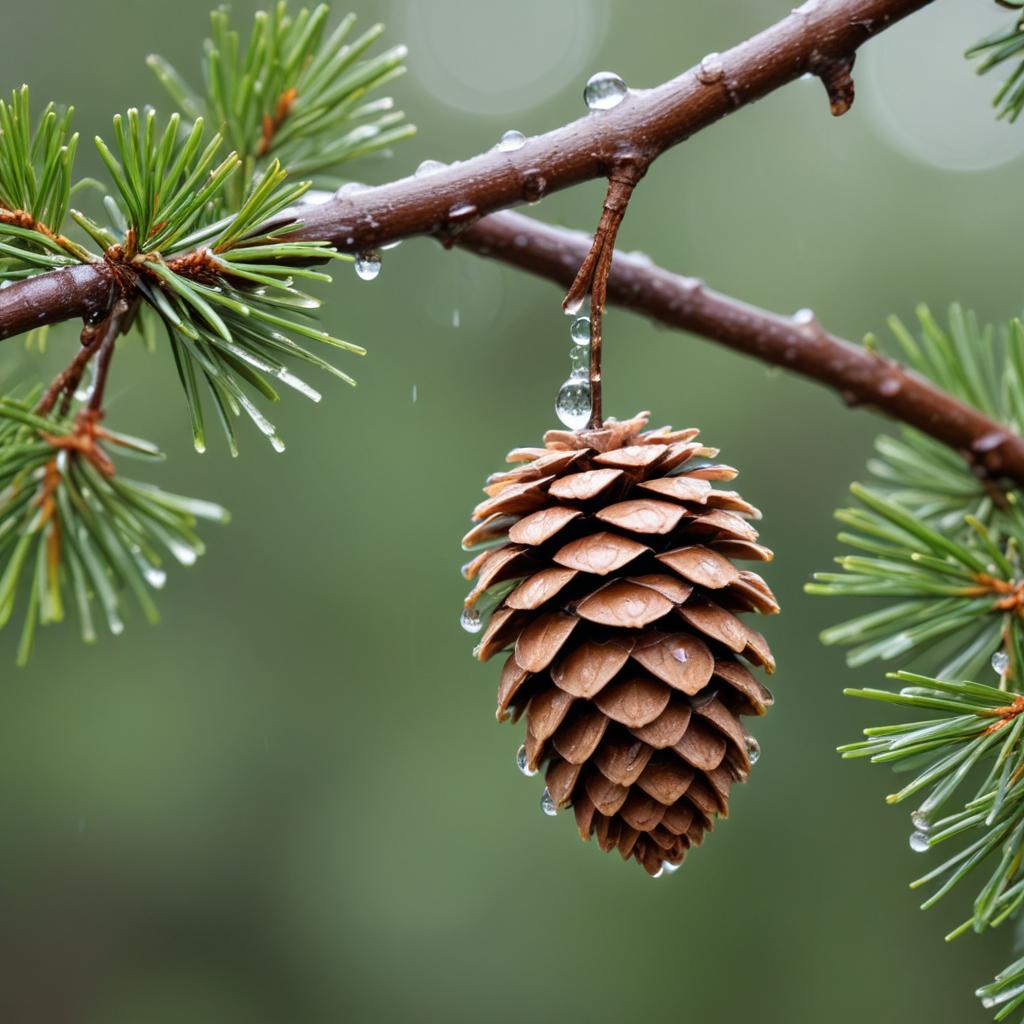 Pine cone with water droplets on branch Pine cone with water droplets on branch