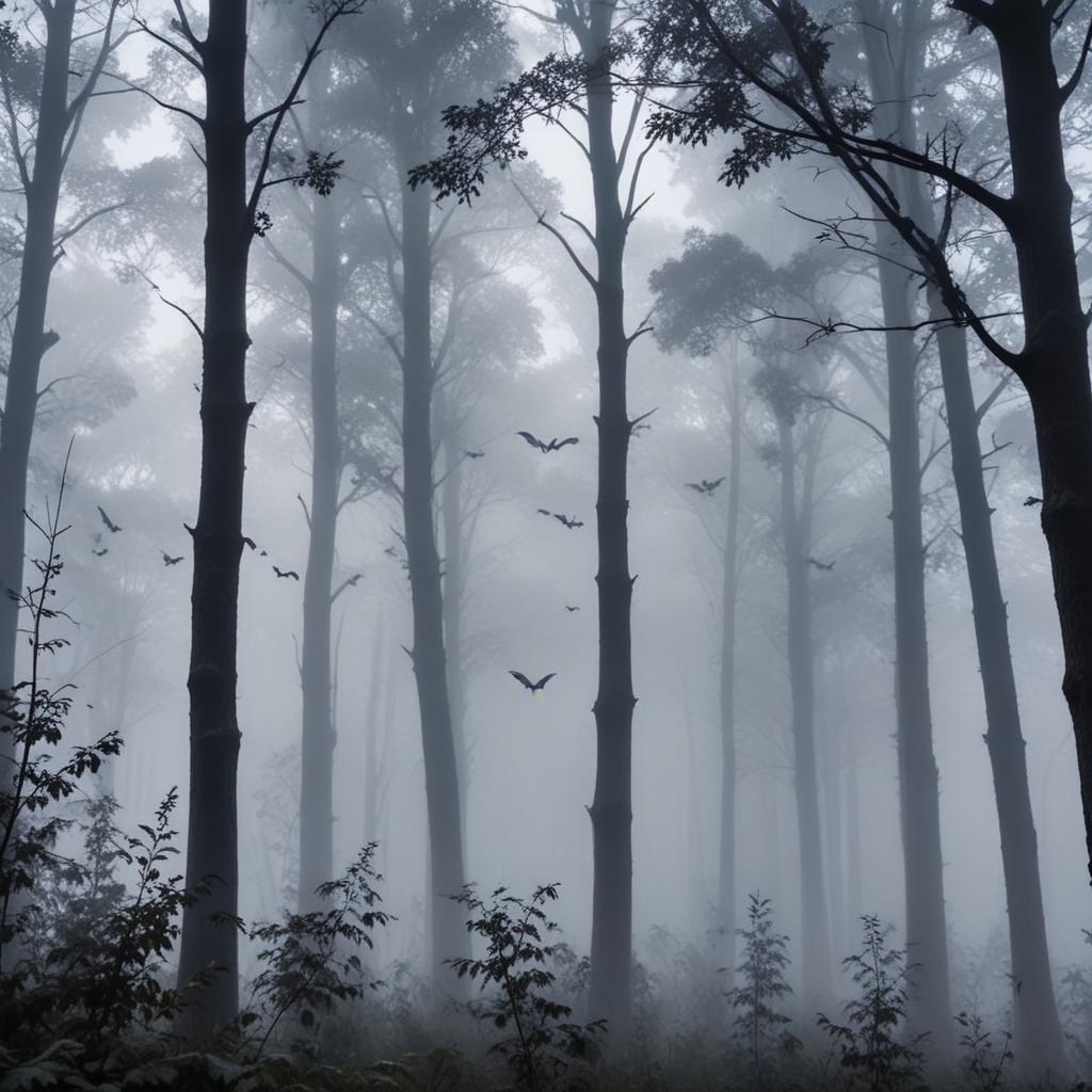 Mysterious foggy forest with bats Mysterious foggy forest with bats