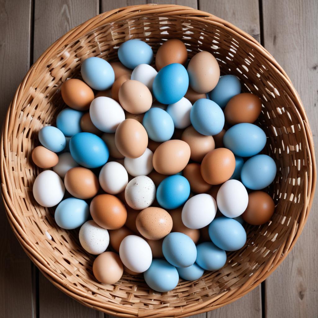 Colorful eggs in a woven basket Colorful eggs in a woven basket
