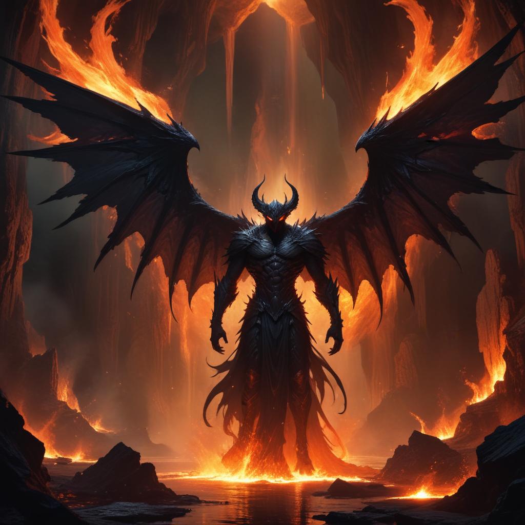 Dark angel in fiery cave environment Dark angel in fiery cave environment