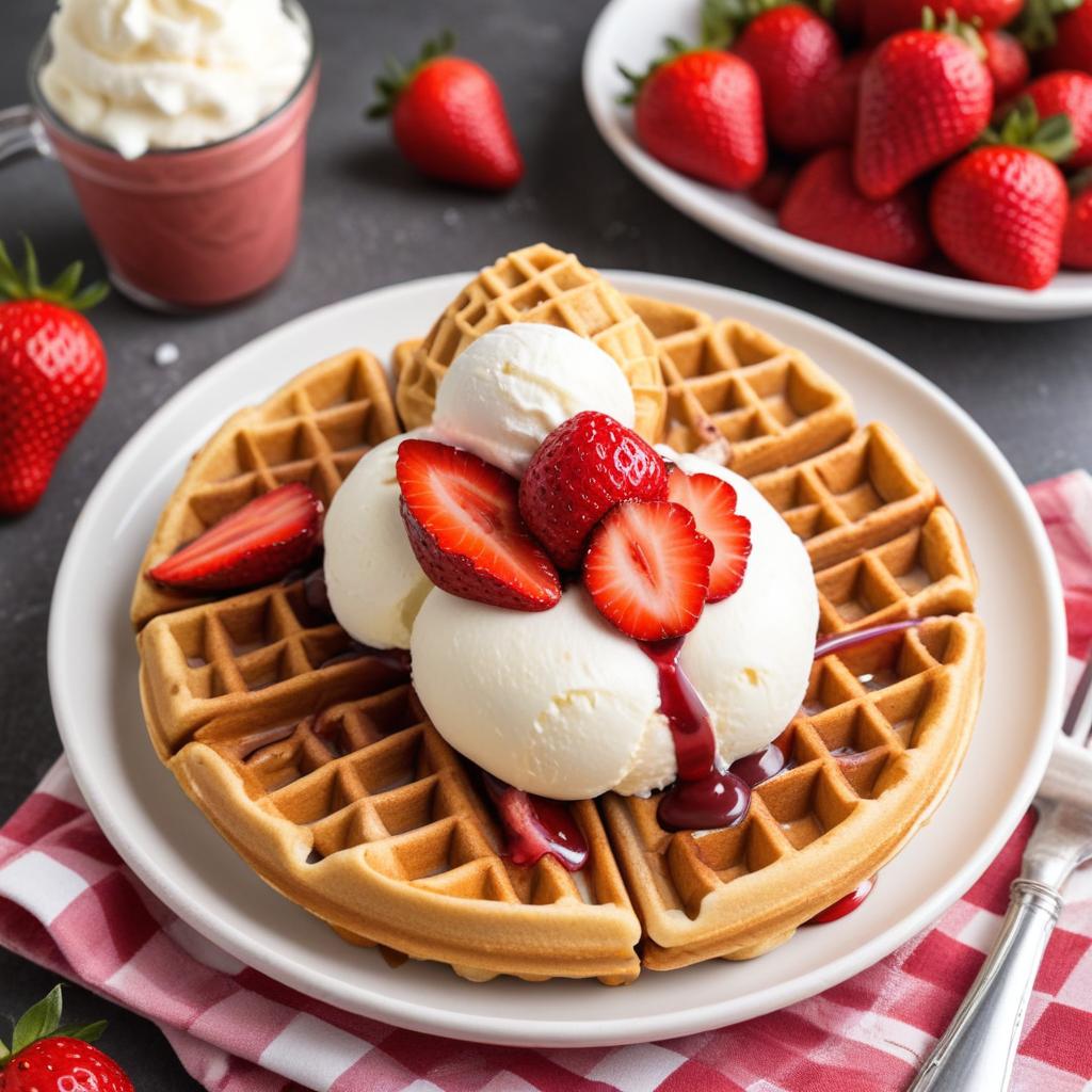 Waffle topped with strawberries and ice cream Waffle topped with strawberries and ice cream