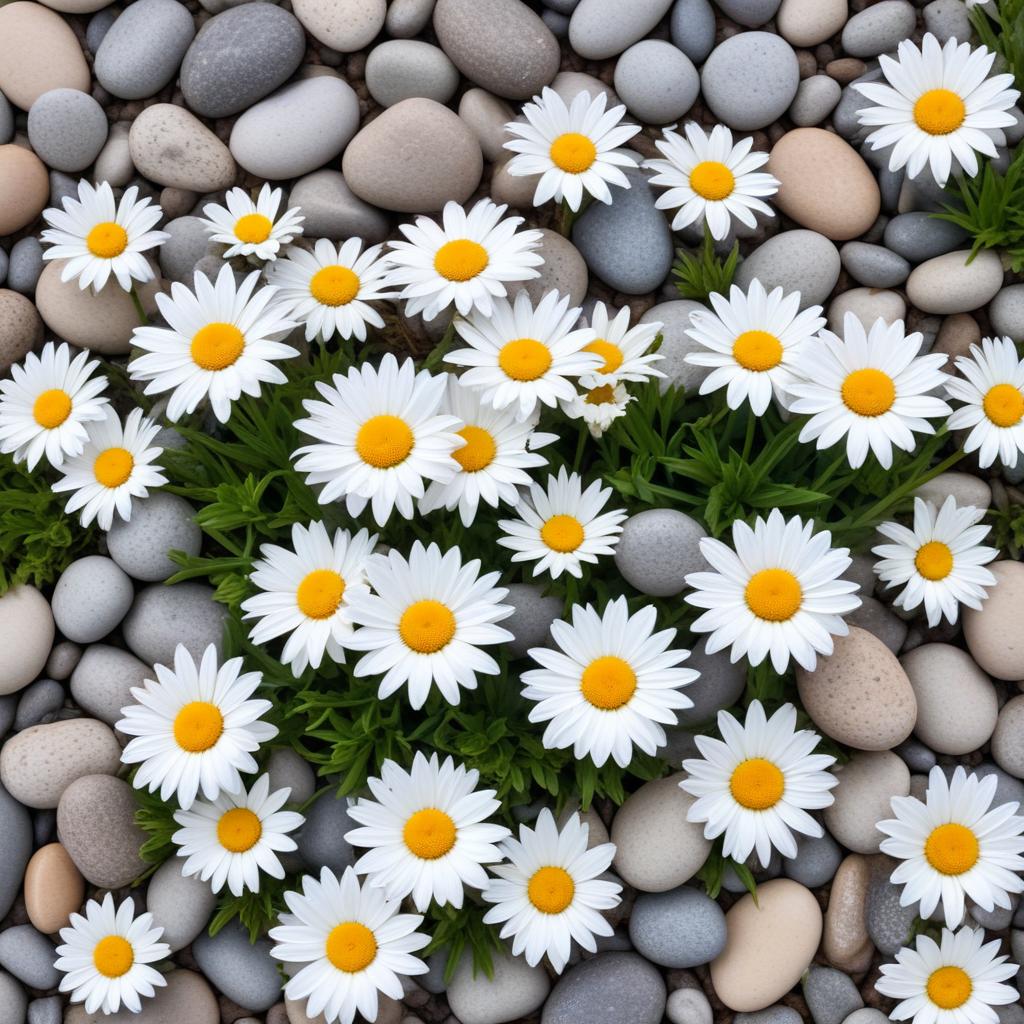 Daisies blooming among smooth pebbles Daisies blooming among smooth pebbles