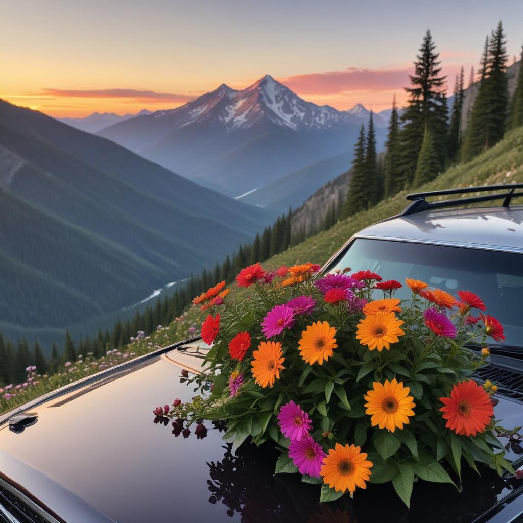 Scenic mountain sunset with flowers Scenic mountain sunset with flowers