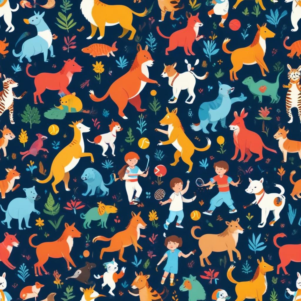 Children playing with various animals Children playing with various animals