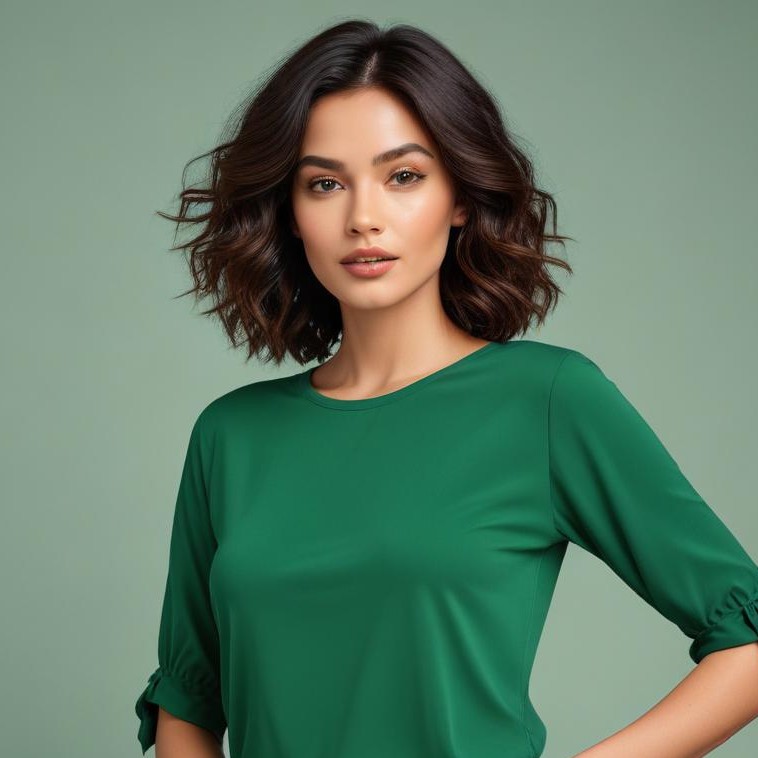 Model in green top poses against soft backdrop Model in green top poses against soft backdrop