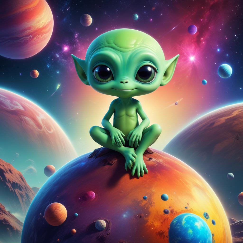 Alien child sits on colorful planet Alien child sits on colorful planet