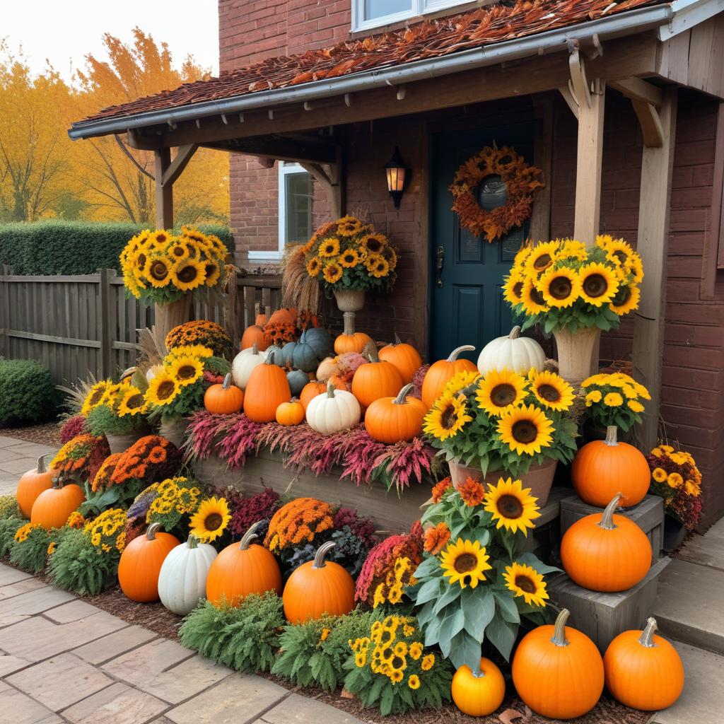 Autumn decorations with pumpkins and sunflowers Autumn decorations with pumpkins and sunflowers