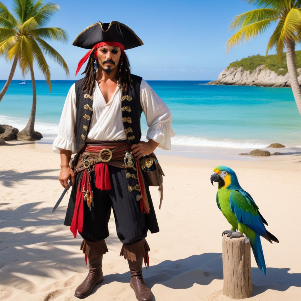 Pirate and parrot on tropical beach Pirate and parrot on tropical beach