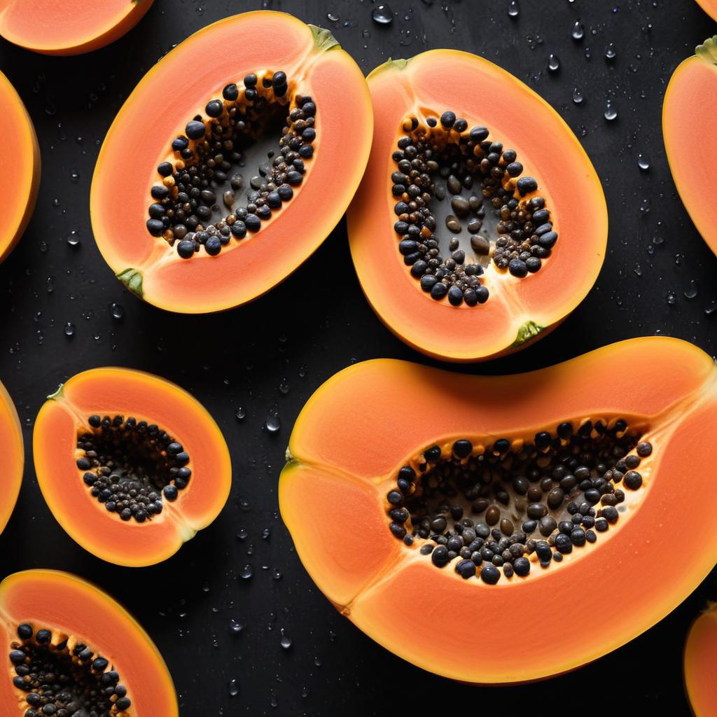 Fresh papaya slices on black surface Fresh papaya slices on black surface
