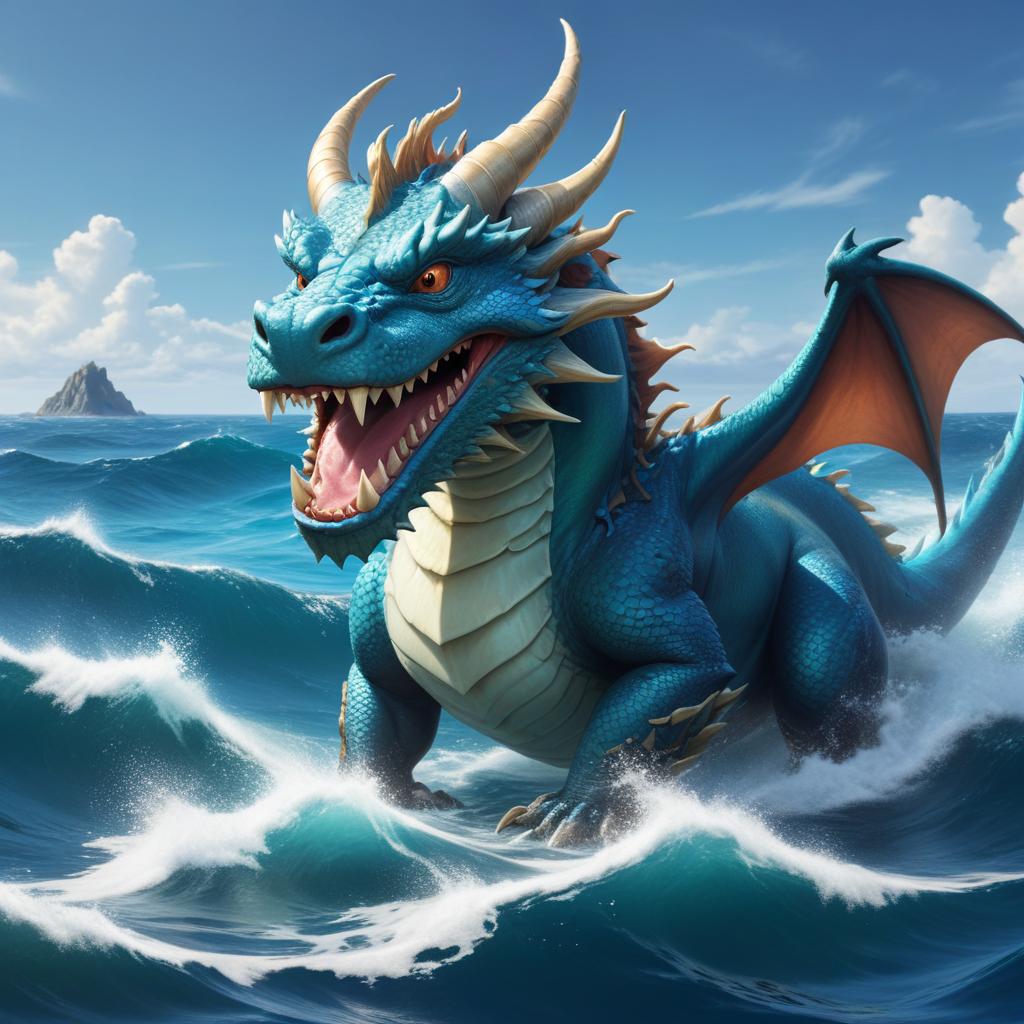 Blue dragon emerging from ocean waves Blue dragon emerging from ocean waves