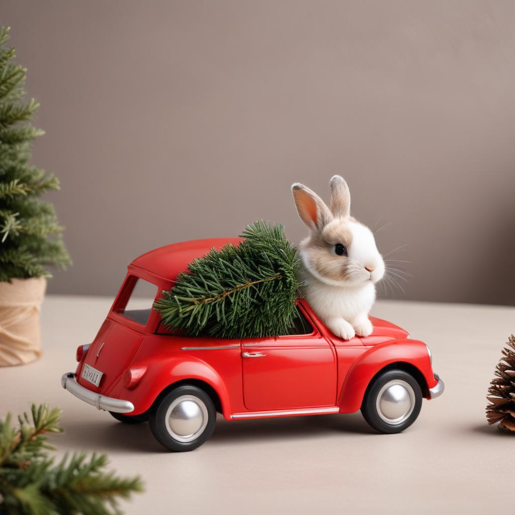 Rabbit on a red car with tree Rabbit on a red car with tree