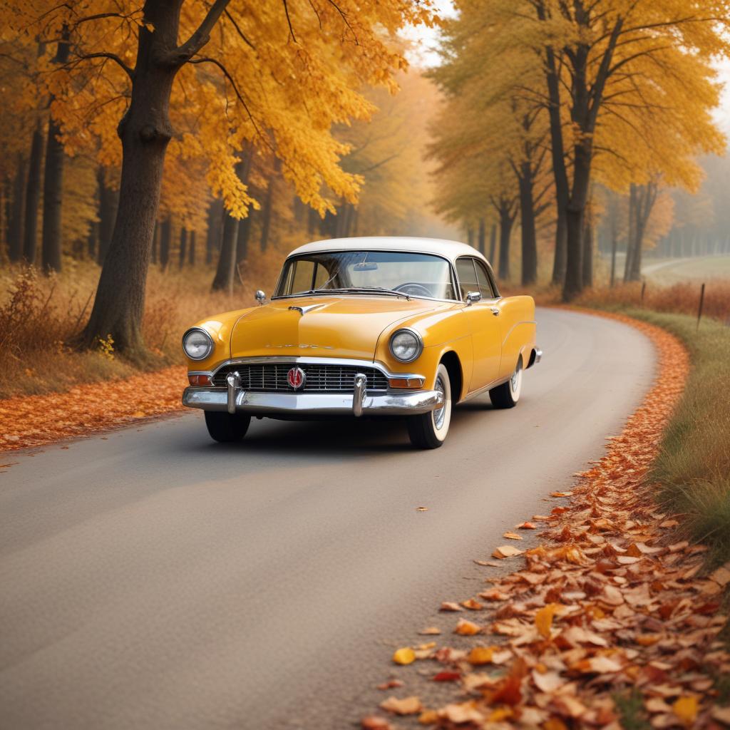 Classic yellow car on autumn road Classic yellow car on autumn road