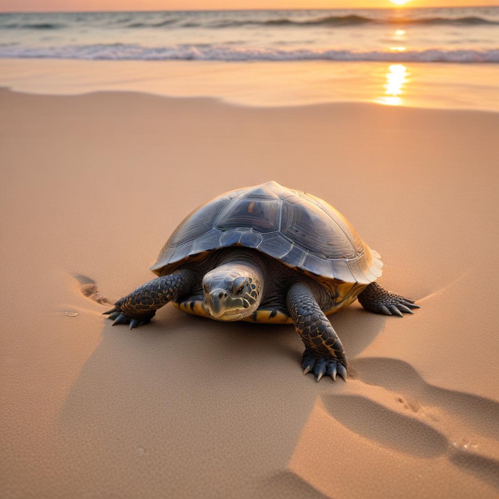 Turtle on sandy beach at sunset Turtle on sandy beach at sunset