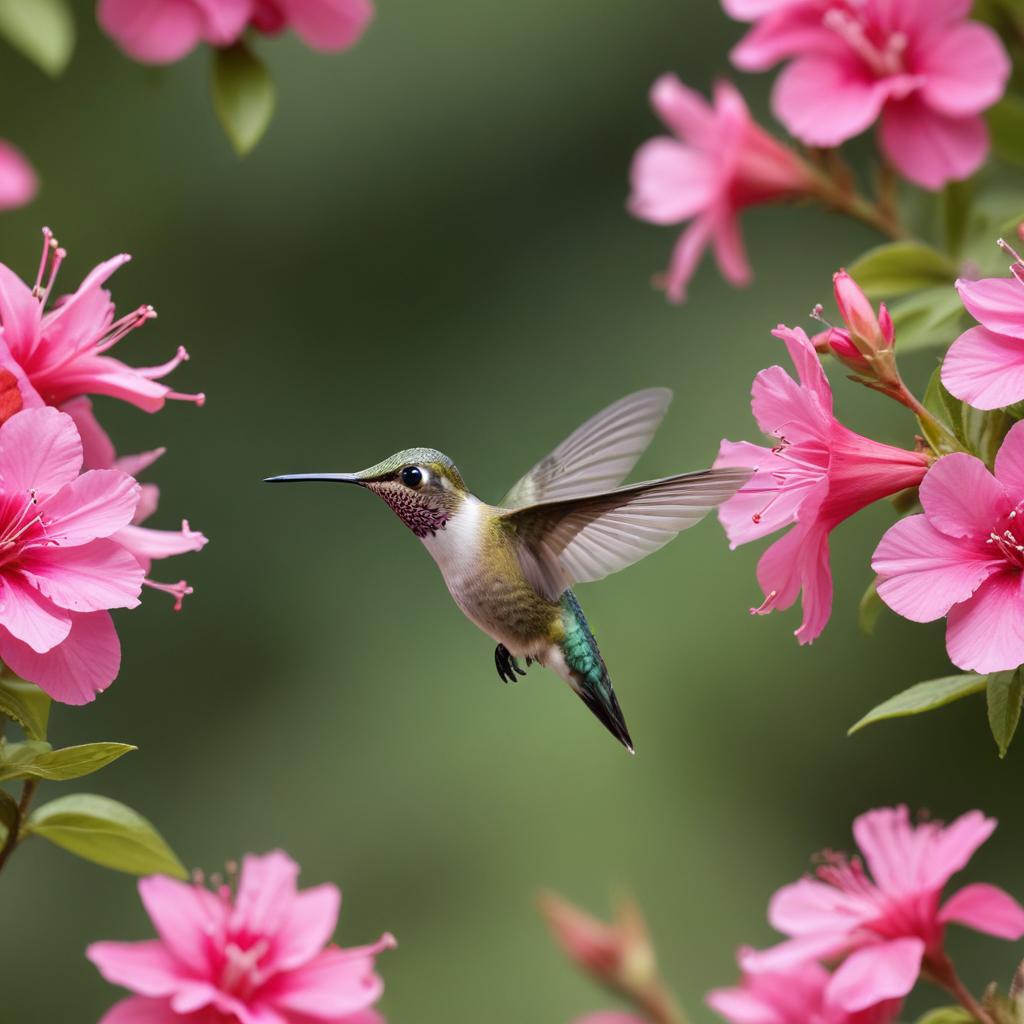 Colorful hummingbird hovering near pink flowers Colorful hummingbird hovering near pink flowers