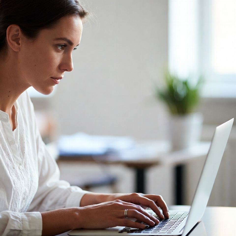 Woman working on laptop indoors Woman working on laptop indoors