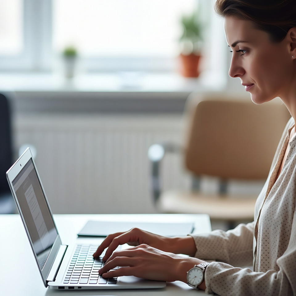 Woman working on laptop at desk Woman working on laptop at desk