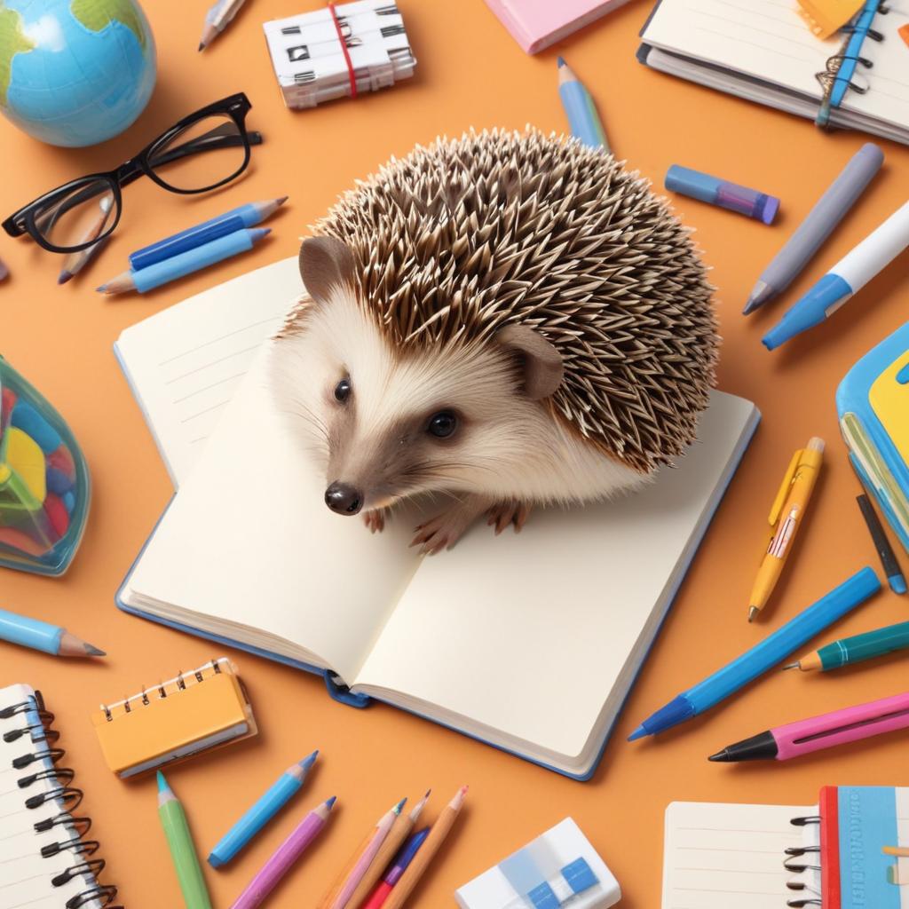 Hedgehog among school supplies Hedgehog among school supplies