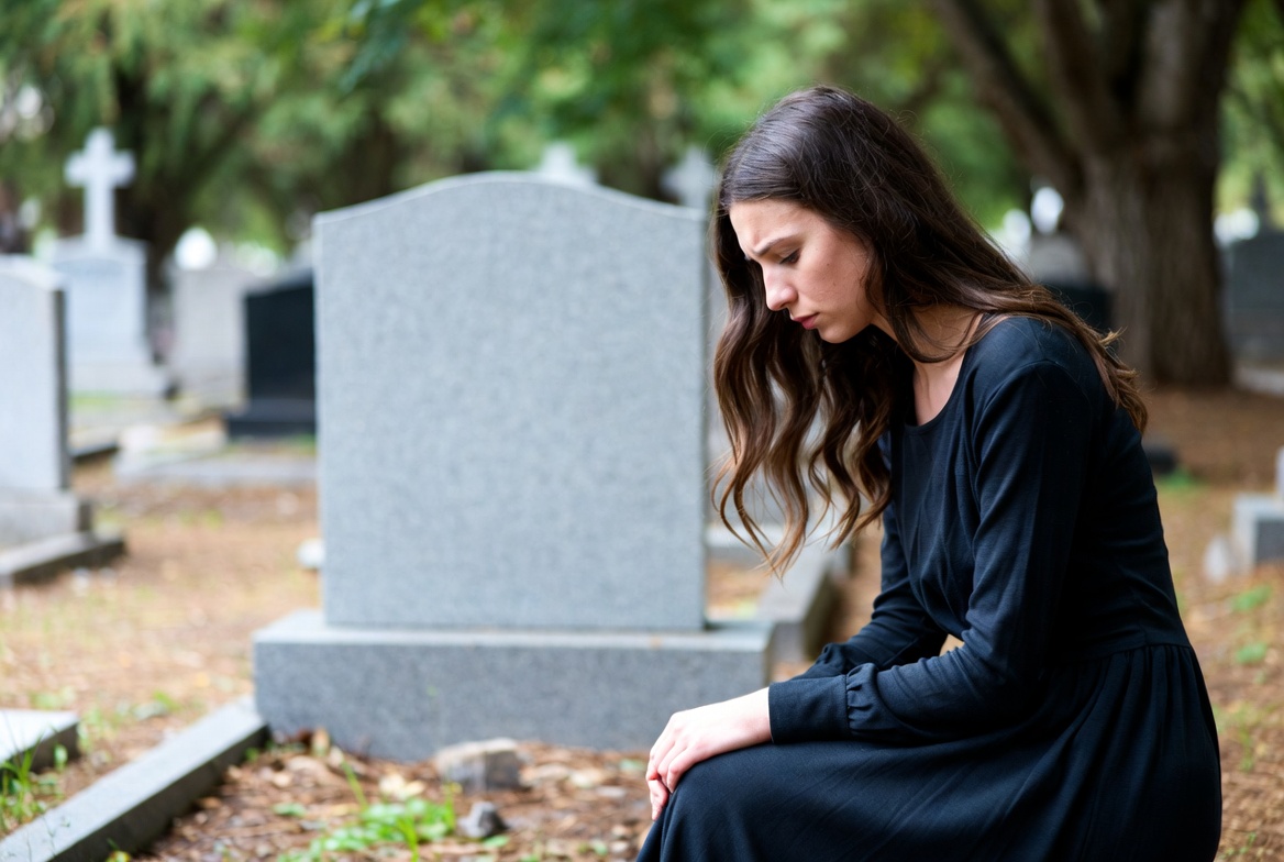 Woman mourning at cemetery site Woman mourning at cemetery site