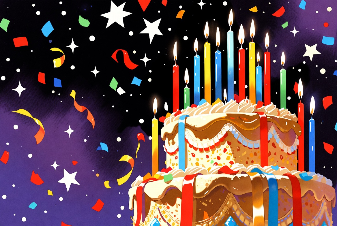 Colorful birthday cake celebration scene Colorful birthday cake celebration scene