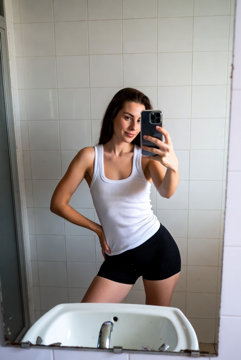 Young woman posing in mirror Young woman posing in mirror