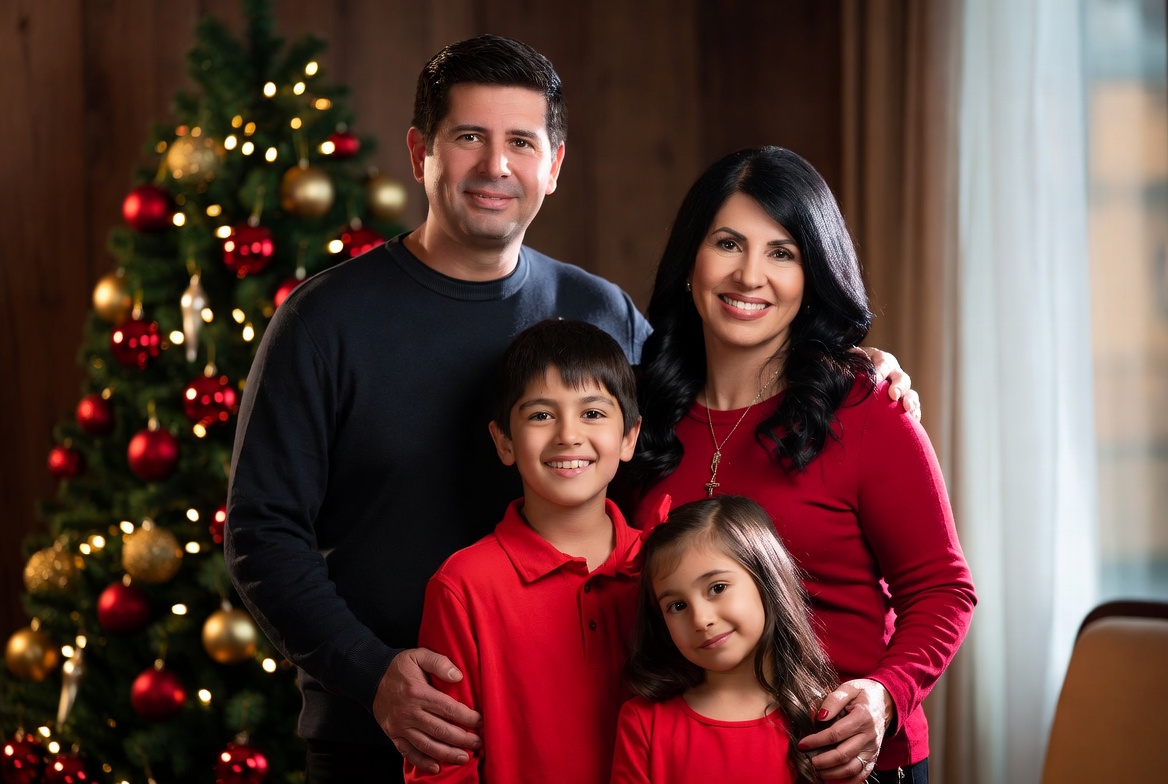 Family gathering by the holiday tree Family gathering by the holiday tree