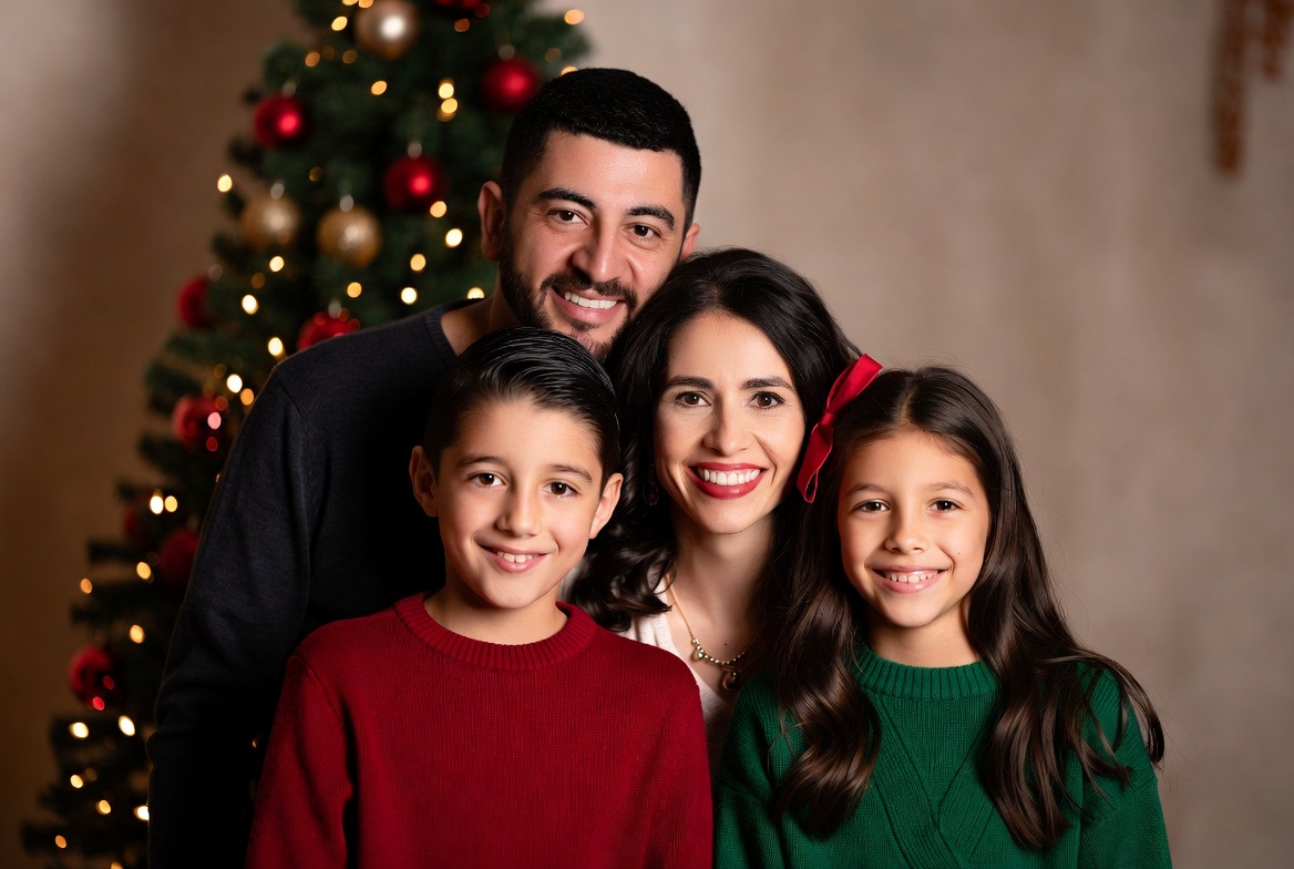 Family portrait by the christmas tree Family portrait by the christmas tree