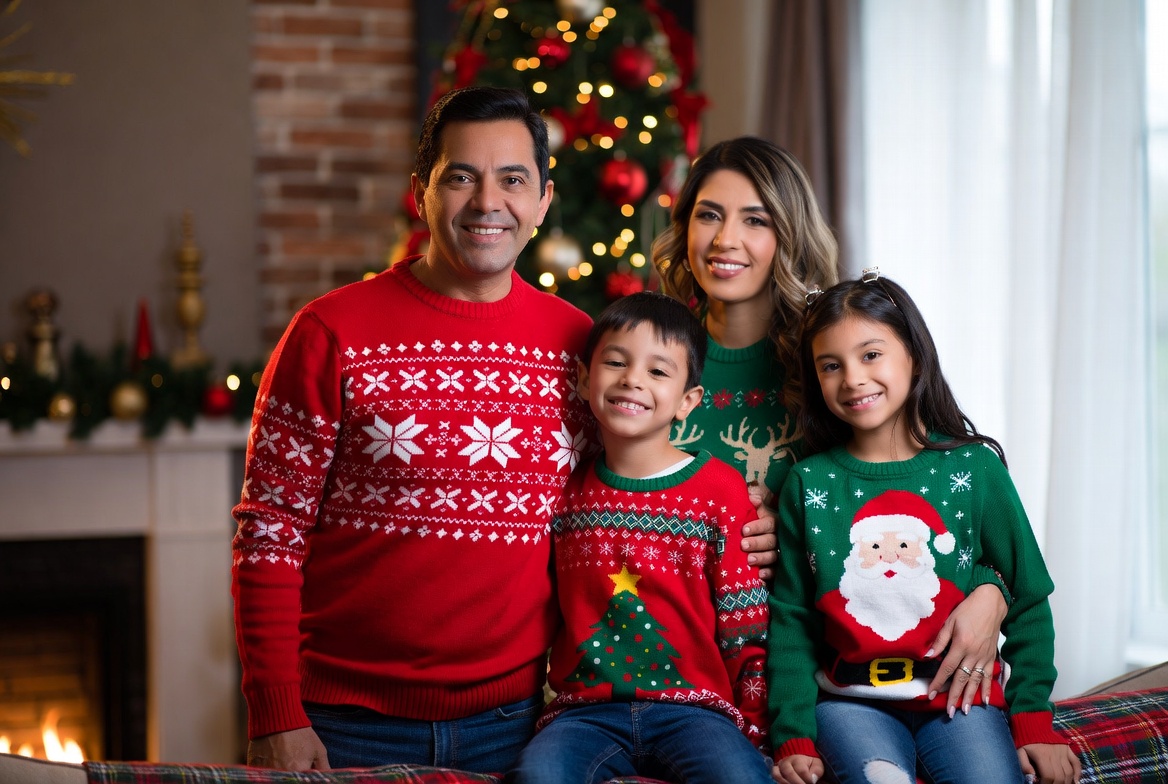 Family in christmas sweaters together Family in christmas sweaters together