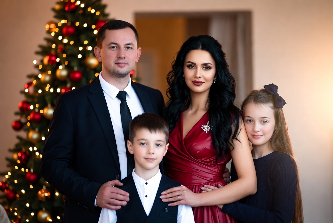 Family portrait by christmas tree Family portrait by christmas tree