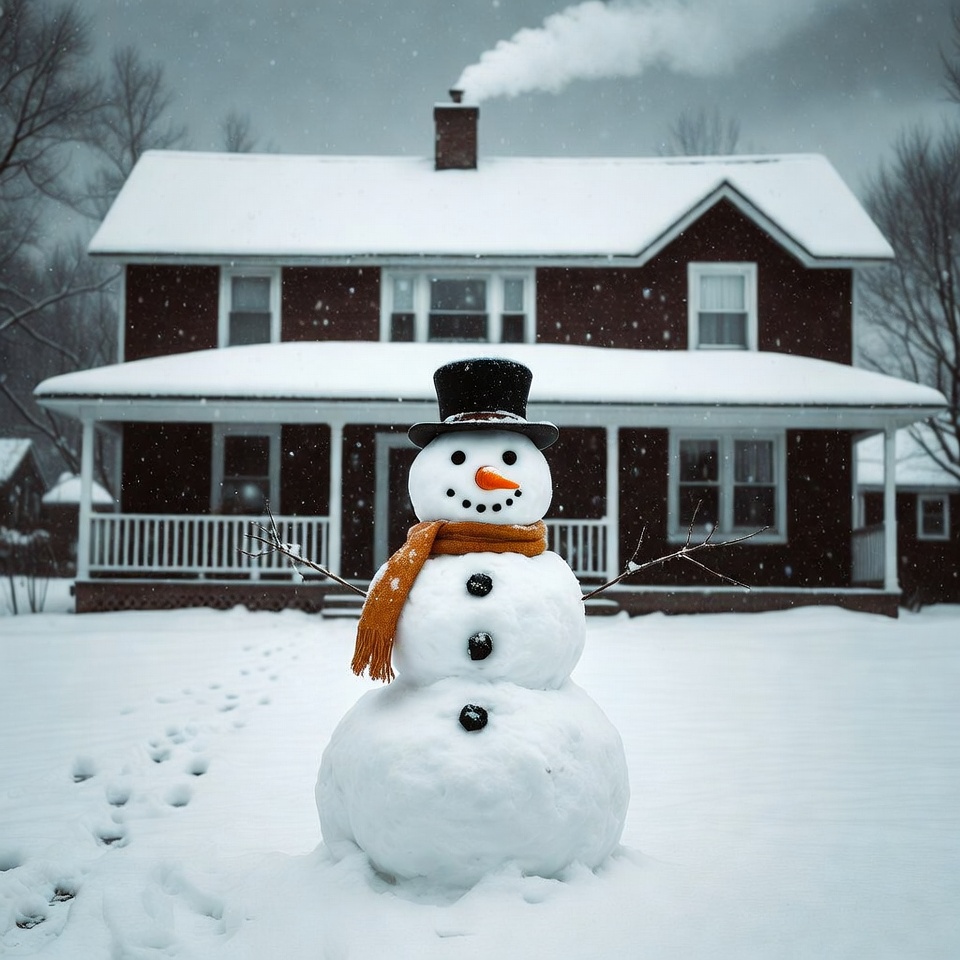 Snowman in front of cozy home Snowman in front of cozy home