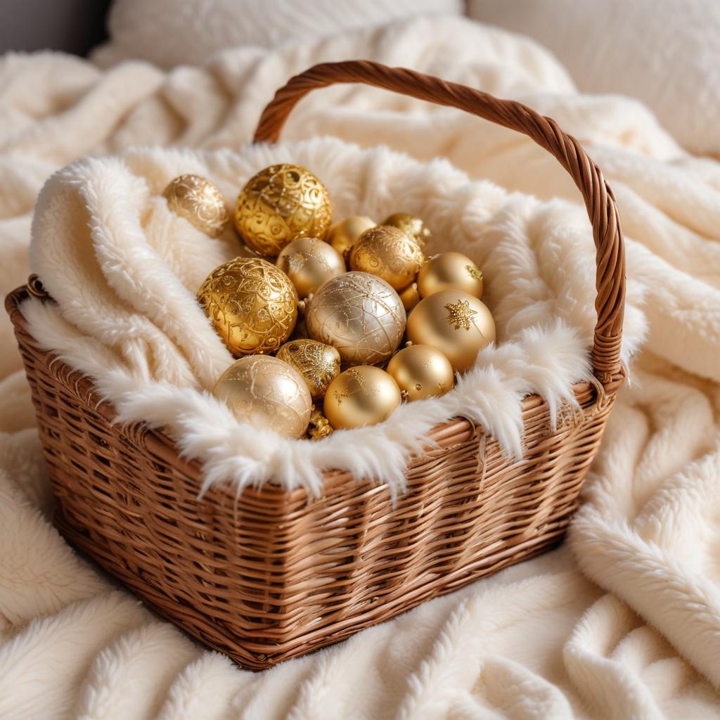 Golden ornaments in a cozy basket Golden ornaments in a cozy basket