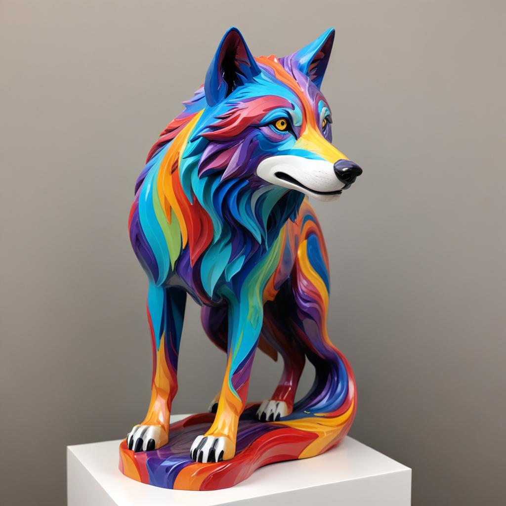 Colorful wolf sculpture displayed indoors Colorful wolf sculpture displayed indoors
