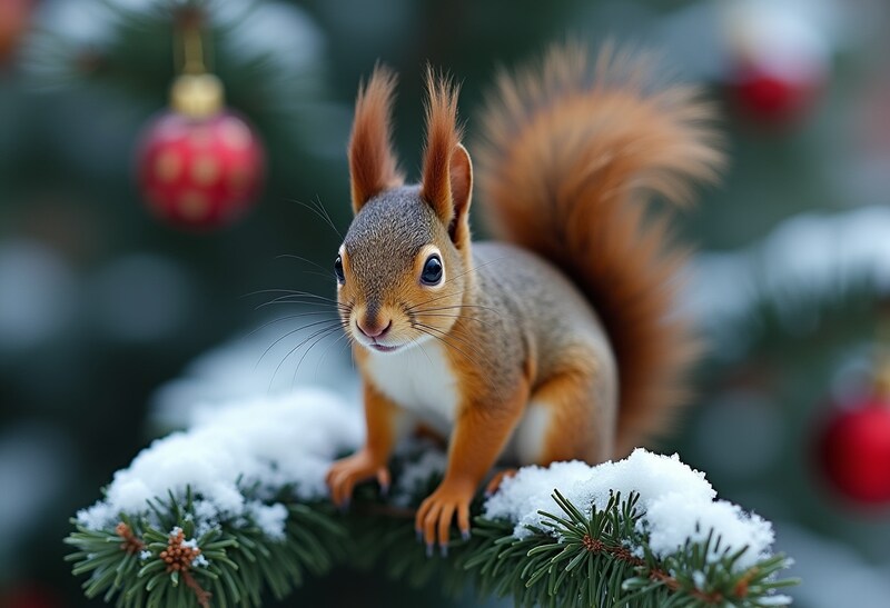 Squirrel on snowy pine branch Squirrel on snowy pine branch