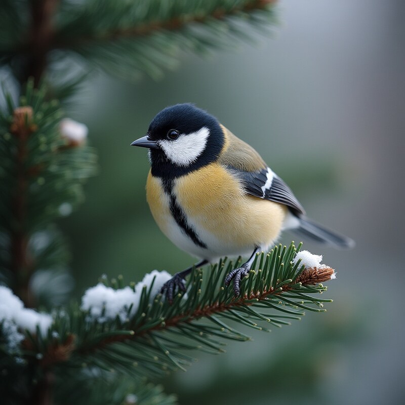 Bird perched on snowy pine branch Bird perched on snowy pine branch