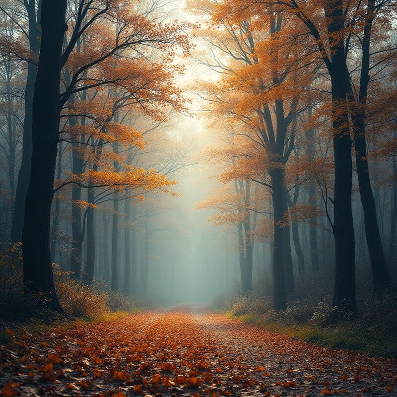 Autumn foggy forest pathway Autumn foggy forest pathway