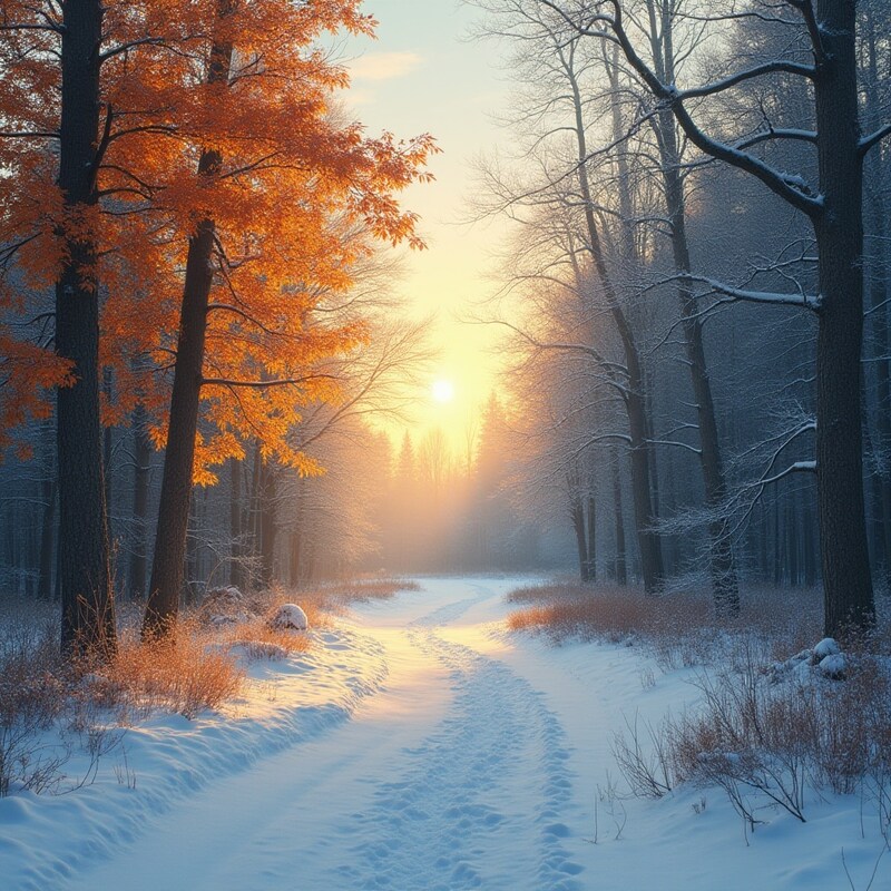 Winter sunset in snowy forest Winter sunset in snowy forest