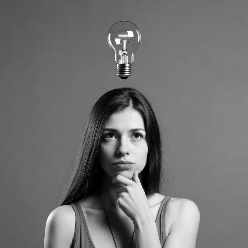 Woman deep in thought with a light bulb Woman deep in thought with a light bulb