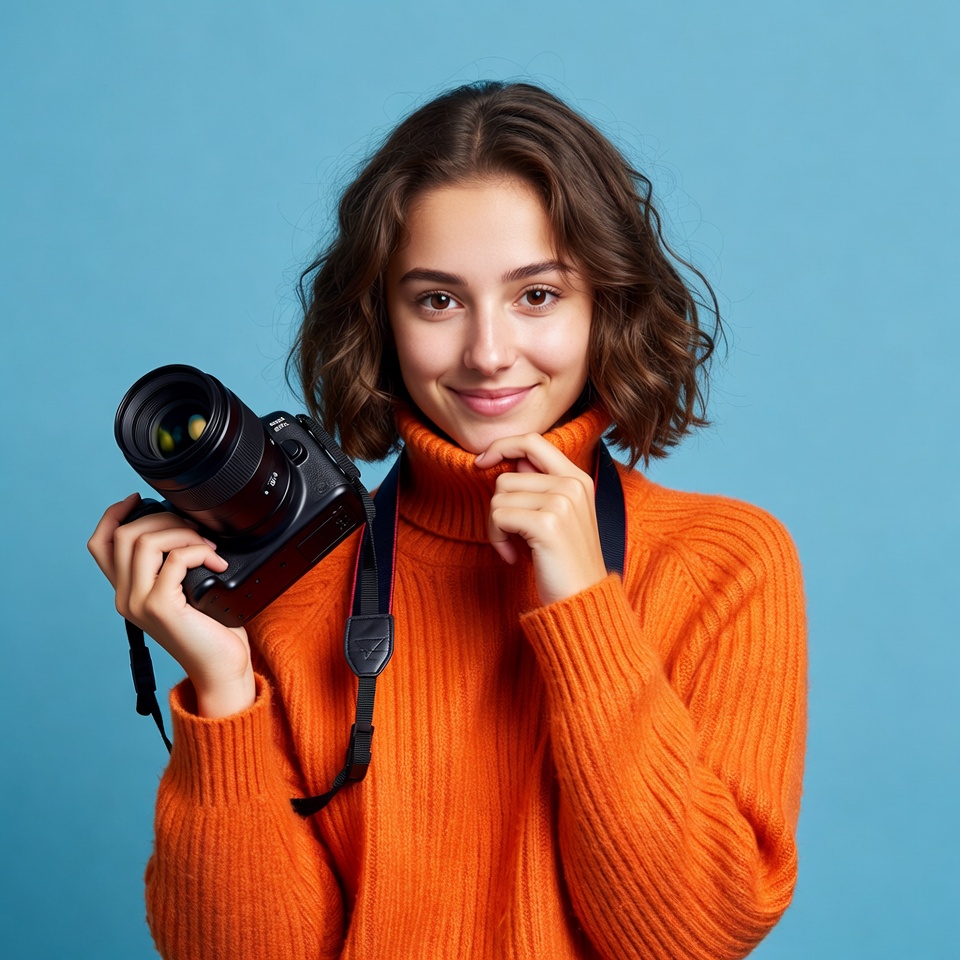Smiling photographer in bright sweater Smiling photographer in bright sweater