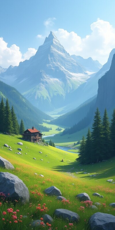 Scenic mountain valley with house Scenic mountain valley with house