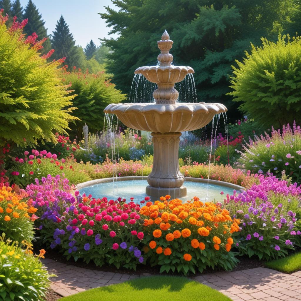 Colorful garden fountain in bloom Colorful garden fountain in bloom