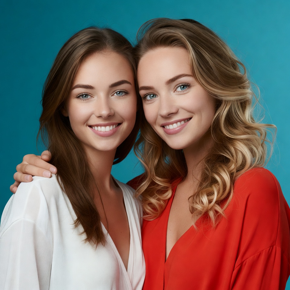 Smiling friends against blue background Smiling friends against blue background