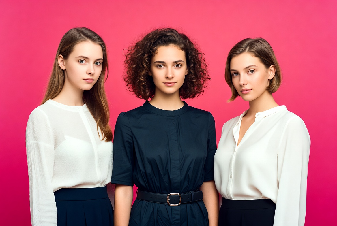 Three women in stylish outfits posing together Three women in stylish outfits posing together