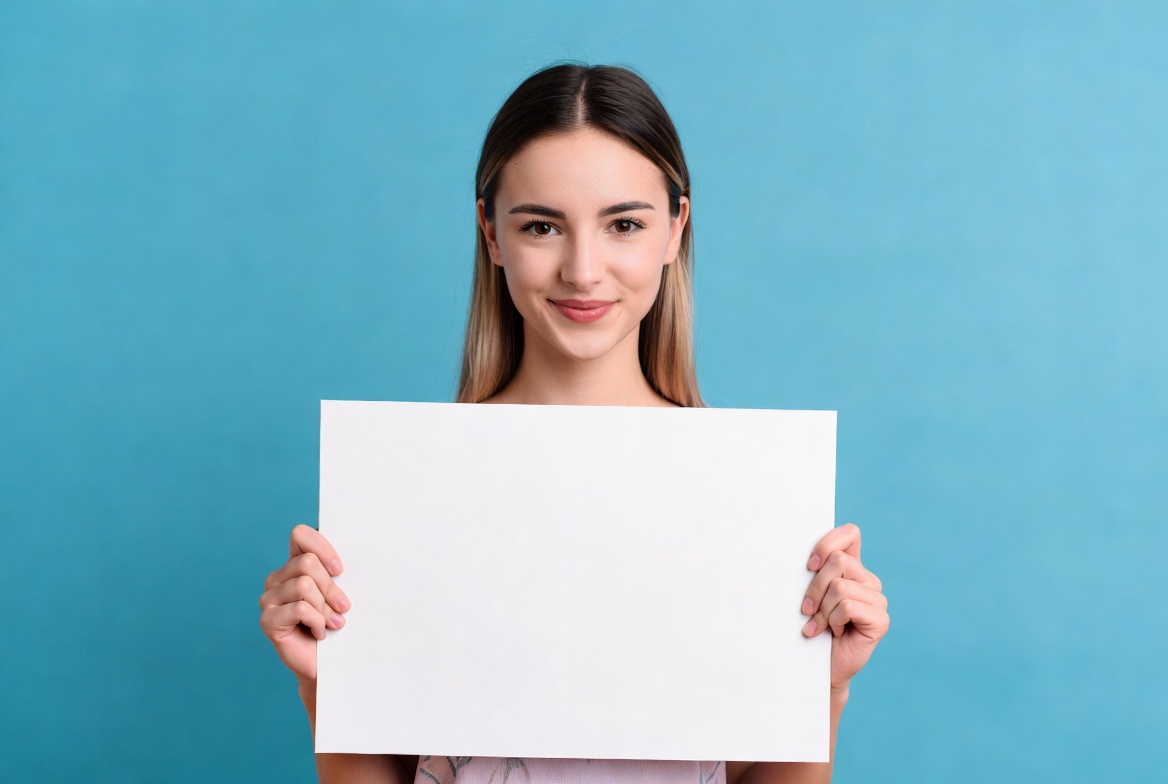 Woman holding blank sign indoors Woman holding blank sign indoors